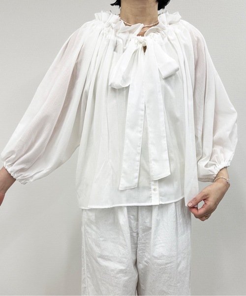vent blanc（ヴァンブラン）の「denicher デニシェ　cotton boil parisienne blouse　キャンディネックブラウス（シャツ/ブラウス・レディース・ホワイト/ネイビー/ピンク/イエロー・FREE）」の6枚目の写真