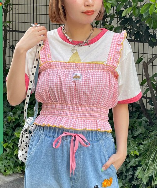 HELLO.SANFRANCISCO(ハローサンフランシスコ)の「【HELLO.SANFRANCISCO/ハローサンフランシスコ】シャーリングチェックビスチェ(キャミソール・レディース・サックスブルー/ピンク・ONE SIZE)」の2枚目の写真