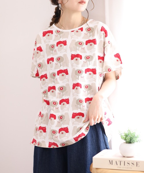 Emago(イマゴ)の「EMAGO ねこプリントドルマンT(Tシャツ/カットソー・レディース・ネイビー/イエロー/ブラック/ホワイト・FREE)」の9枚目の写真