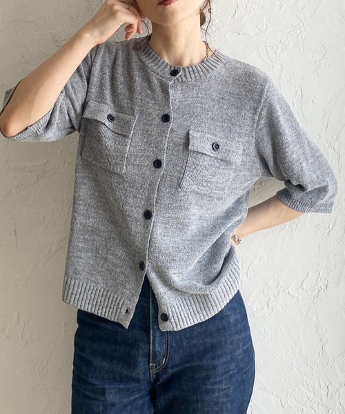 She's Closet(シーズクローゼット)の「フロント 胸ポケット 半袖 サマーニットカーディガン(カーディガン/ボレロ・レディース・ブラウン/レッド/アイボリー/杢グレー/ブラック・FREE)」の3枚目の写真