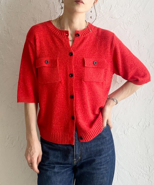 She's Closet(シーズクローゼット)の「フロント 胸ポケット 半袖 サマーニットカーディガン(カーディガン/ボレロ・レディース・ブラウン/レッド/アイボリー/杢グレー/ブラック・FREE)」の5枚目の写真