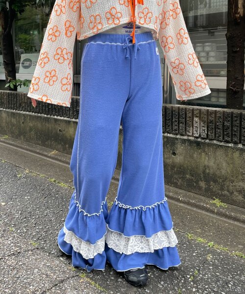 HELLO.SANFRANCISCO(ハローサンフランシスコ)の「【HELLO.SANFRANCISCO/ハローサンフランシスコ】レースフリルワッフルパンツ(その他パンツ・レディース・ブルー/ブラック・MEDIUM/SMALL)」の1枚目の写真