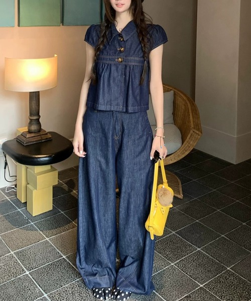 FAVORITO(ファヴォリート)の「襟付きトップスパンツセットアップ(セットアップ・レディース・ダークブルー・S/M/L/XL)」の3枚目の写真