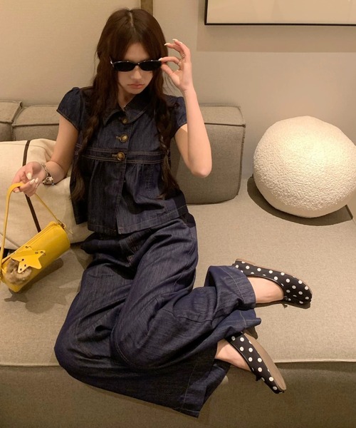 FAVORITO(ファヴォリート)の「襟付きトップスパンツセットアップ(セットアップ・レディース・ダークブルー・S/M/L/XL)」の2枚目の写真