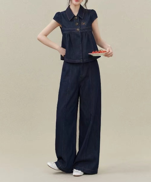 FAVORITO(ファヴォリート)の「襟付きトップスパンツセットアップ(セットアップ・レディース・ダークブルー・S/M/L/XL)」の14枚目の写真