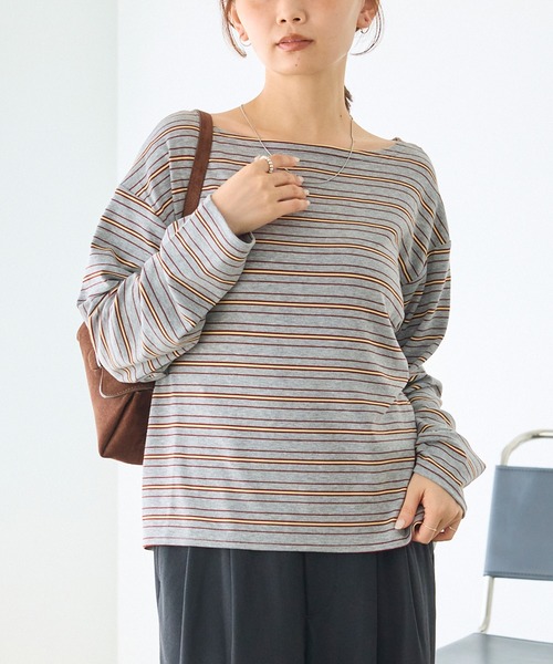 LAVEANGE(ラビアンジェ)の「マルチボーダーボートネックプルオーバー|長袖/カットソー/ゆったり/大人カジュアル(Tシャツ/カットソー・レディース・グレー/ブラック/オフホワイト・M/LL/3L/4L/5L)」の3枚目の写真