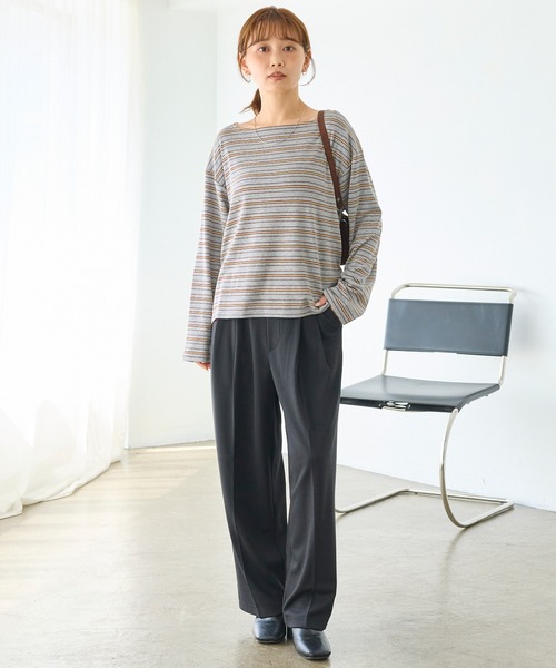 LAVEANGE(ラビアンジェ)の「マルチボーダーボートネックプルオーバー|長袖/カットソー/ゆったり/大人カジュアル(Tシャツ/カットソー・レディース・グレー/ブラック/オフホワイト・M/LL/3L/4L/5L)」の9枚目の写真