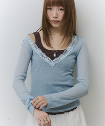 thinkto（シンクト）の「レースVネックトップス（Tシャツ/カットソー）」