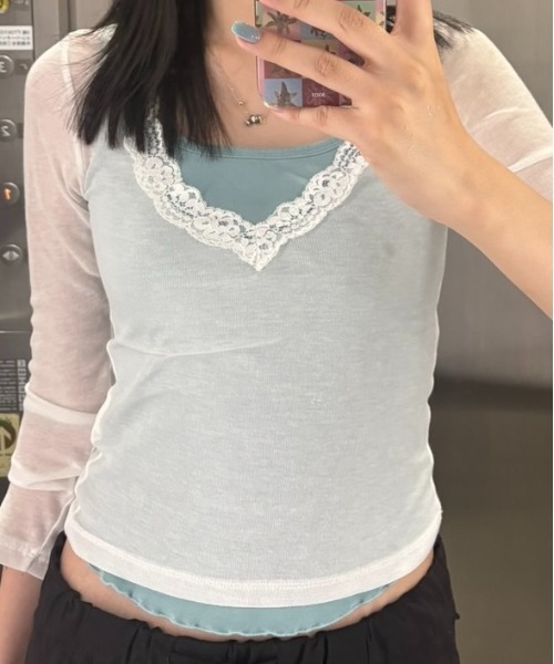 thinkto(シンクト)の「レースVネックトップス(Tシャツ/カットソー・レディース・ライトグレー/アイボリー/ブルー/ブラック・FREE)」の19枚目の写真