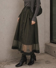 フロントジップ チュール切替 カーゴロングフレアスカート
