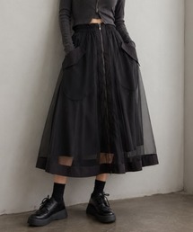 フロントジップ チュール切替 カーゴロングフレアスカート