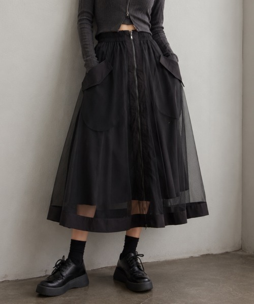 center i(センターアイ)の「フロントジップ チュール切替 カーゴロングフレアスカート(スカート・レディース・ブラック/カーキ・FREE)」の2枚目の写真