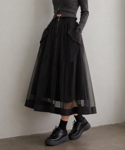 center i(センターアイ)の「フロントジップ チュール切替 カーゴロングフレアスカート(スカート・レディース・ブラック/カーキ・FREE)」の3枚目の写真