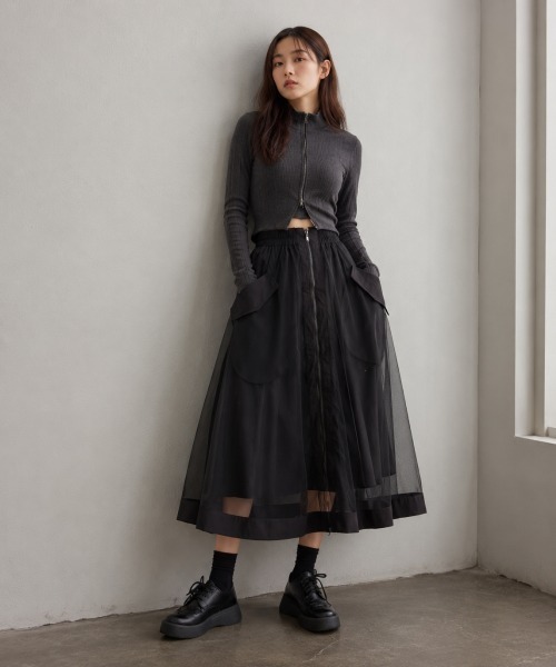 center i(センターアイ)の「フロントジップ チュール切替 カーゴロングフレアスカート(スカート・レディース・ブラック/カーキ・FREE)」の6枚目の写真