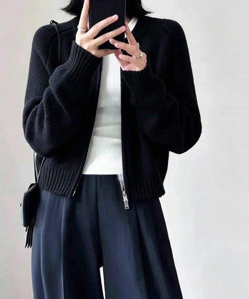 SEU（エスイーユー）の「大人の愛されカーデ。ダブルジップ ニットカーディガン 長袖 可愛い 【オフィスカジュアル】【きれいめカジュアル】 レディース韓国風 春服 秋服 冬服（カーディガン/ボレロ・レディース・ブルー/グレー/ブラック/ホワイト・フリー）」の2枚目の写真