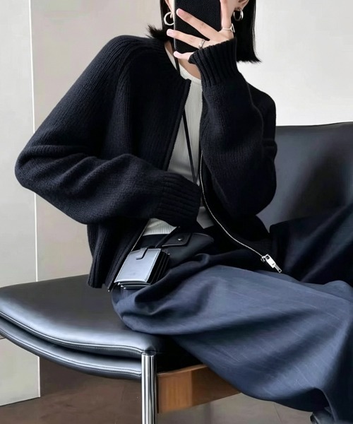 SEU（エスイーユー）の「大人の愛されカーデ。ダブルジップ ニットカーディガン 長袖 可愛い 【オフィスカジュアル】【きれいめカジュアル】 レディース韓国風 春服 秋服 冬服（カーディガン/ボレロ・レディース・ブルー/グレー/ブラック/ホワイト・フリー）」の15枚目の写真