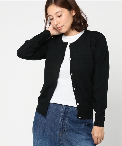 Honeys（ハニーズ）の「ビジューボタンカーディガン（カーディガン/ボレロ・レディース・ブラック/グリーン/ピンク/杢グレー/ネイビー/イエロー・M/L）」の2枚目の写真