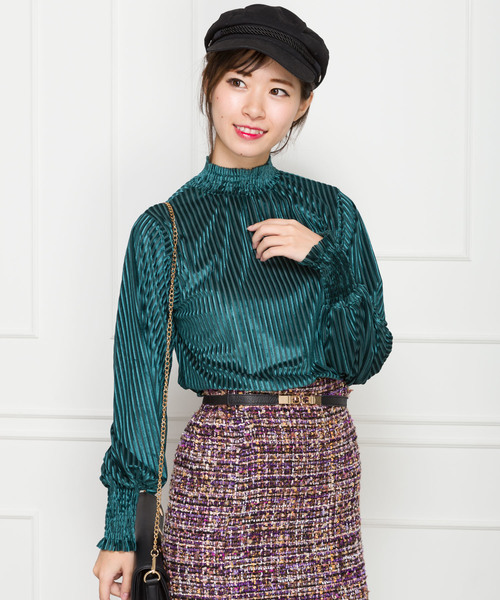 イッセイミヤケ シワ加工 ベロア フレア レッド シャツ F ハイネック