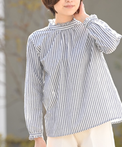 rps（アールピーエス）の「フリルネックブラウス（シャツ/ブラウス・レディース・ストライプ/ピンクベージュ/ブラック/オフホワイト/チェック/ブルーグリーン/グレー/ブラック系その他2・M）」の7枚目の写真