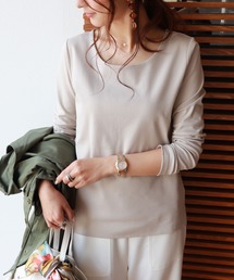 コットン長袖ダブルフロントクルーネックTシャツ