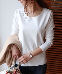 コットン長袖ダブルフロントクルーネックTシャツ