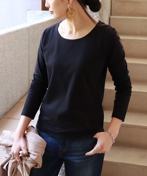 コットン長袖ダブルフロントクルーネックTシャツ