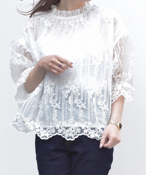 PairPair（ペアペア）の「レースシアーオーガンジーブラウス（シャツ/ブラウス・レディース・オフホワイト・FREE）」の4枚目の写真