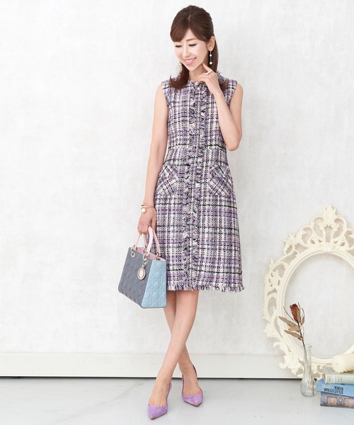 Prima Scherrer（プリマシェレル）の「ワンピース MIXツイード パール付き フロントジップ Prima Scherrer（ワンピース・レディース・ネイビー/ピンク/ラベンダー・M/L/S）」の2枚目の写真