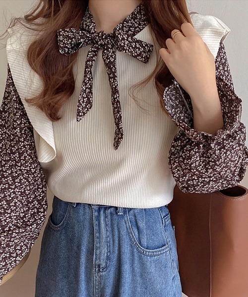 SONA（ソナ）の「SONYUNARA レイヤードフラワーブラウス（シャツ/ブラウス・レディース・ブラック/ブラウン/アイボリー・FREE）」の4枚目の写真