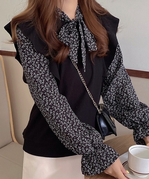 SONA（ソナ）の「SONYUNARA レイヤードフラワーブラウス（シャツ/ブラウス・レディース・ブラック/ブラウン/アイボリー・FREE）」の6枚目の写真