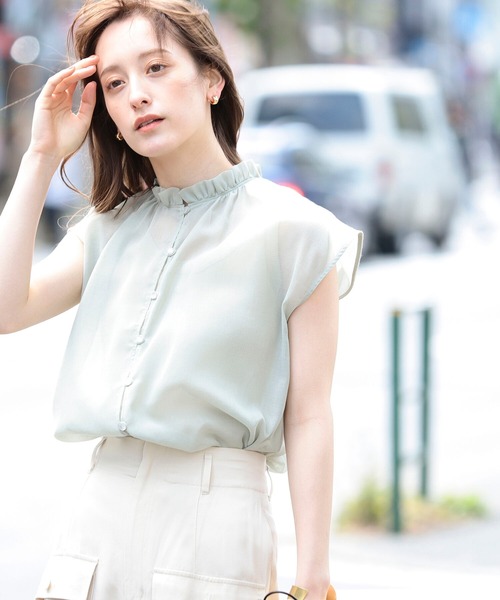 Ray BEAMS(レイビームス)の「Ray BEAMS / シアー ギャザー ハイネック ブラウス(シャツ/ブラウス・レディース・ブラック/ミント・ONE SIZE)」の1枚目の写真