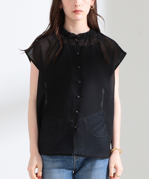 Ray BEAMS(レイビームス)の「Ray BEAMS / シアー ギャザー ハイネック ブラウス(シャツ/ブラウス・レディース・ブラック/ミント・ONE SIZE)」の3枚目の写真