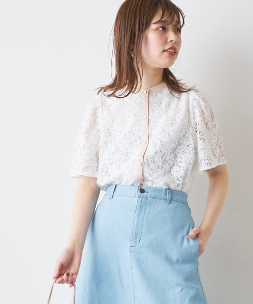 natural couture（ナチュラルクチュール）の「バンドカラーフレアレースブラウス（シャツ/ブラウス・レディース・オフホワイト/サックスブルー/アイボリー/ミント/ピンク/ブラウン・FREE）」の8枚目の写真