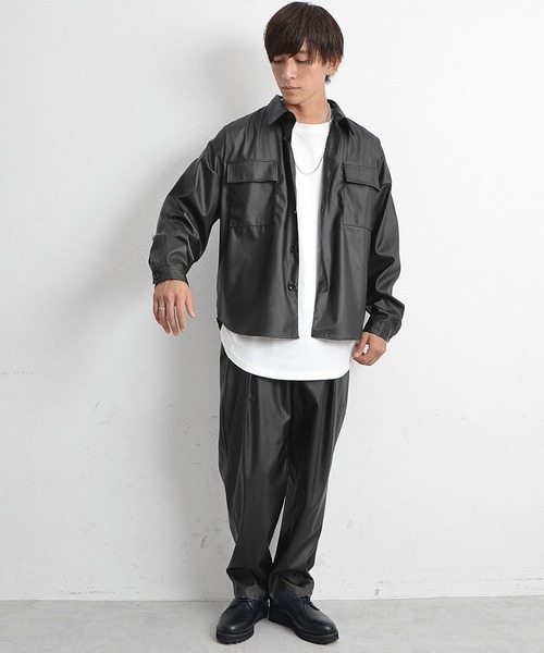 MinoriTY(マイノリティ)の「ルーズオーバーサイズ セットアップ シンセティックレザー CPOジャケット+ワイドパンツ 春服 冬服(セットアップ・メンズ・杢グレー/ブラック・L/M)」の3枚目の写真