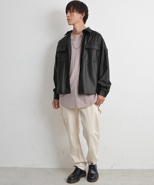 MinoriTY(マイノリティ)の「ルーズオーバーサイズ セットアップ シンセティックレザー CPOジャケット+ワイドパンツ 春服 冬服(セットアップ・メンズ・杢グレー/ブラック・L/M)」の7枚目の写真