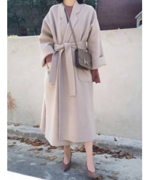 セール】【SETUP7】ミッドレングスベルト付きウールライクガウンコート