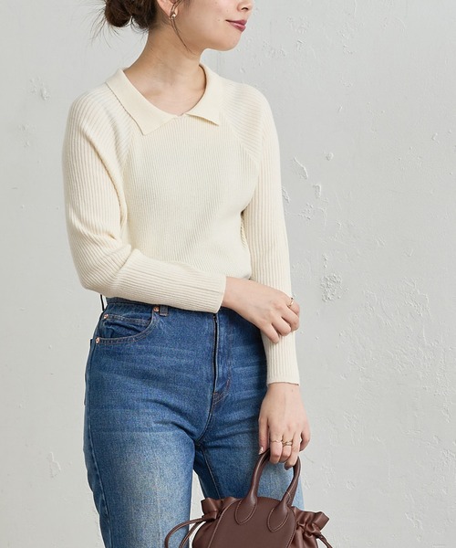 natural couture(ナチュラルクチュール)の「ちょっとモードな大人の衿付きリブニット(ニット/セーター・レディース・ブラック/オフホワイト/グリーン/ライトベージュ・FREE)」の7枚目の写真