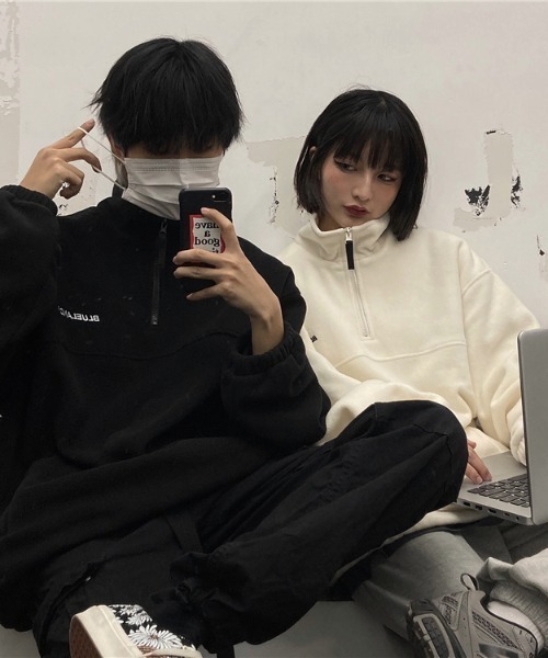 almo(アルモ)の「フリースハーフジッププルオーバートップス(NEZ)(その他トップス・レディース・ブラック/オフホワイト・MEDIUM)」の2枚目の写真