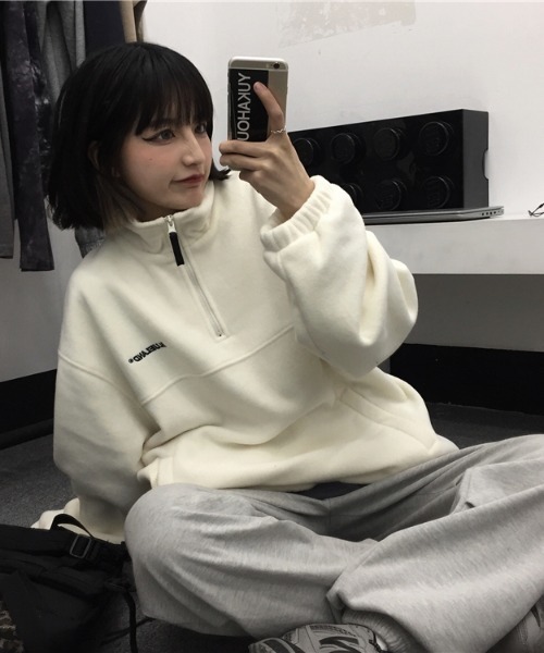 almo(アルモ)の「フリースハーフジッププルオーバートップス(NEZ)(その他トップス・レディース・ブラック/オフホワイト・MEDIUM)」の5枚目の写真
