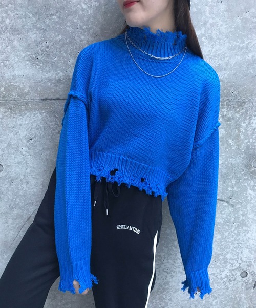 INGNI（イング）の「ショート丈ブロークンニット（ニット/セーター・レディース・ピンク/オレンジ/ブルー/グリーン/アイボリー・M）」の4枚目の写真