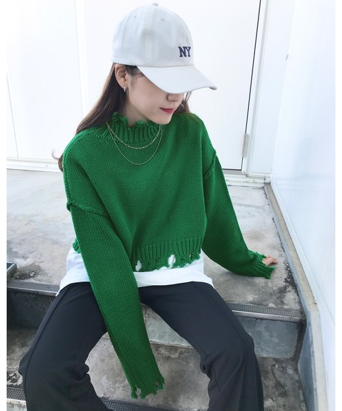 INGNI（イング）の「ショート丈ブロークンニット（ニット/セーター・レディース・ピンク/オレンジ/ブルー/グリーン/アイボリー・M）」の3枚目の写真