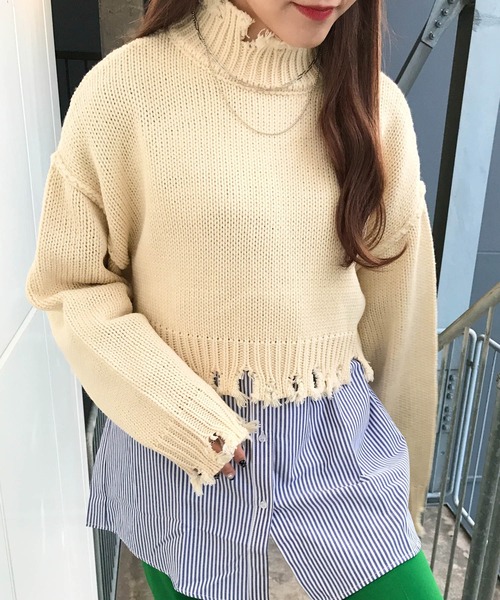 INGNI（イング）の「ショート丈ブロークンニット（ニット/セーター・レディース・ピンク/オレンジ/ブルー/グリーン/アイボリー・M）」の2枚目の写真