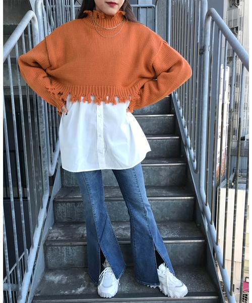 INGNI（イング）の「ショート丈ブロークンニット（ニット/セーター・レディース・ピンク/オレンジ/ブルー/グリーン/アイボリー・M）」の9枚目の写真