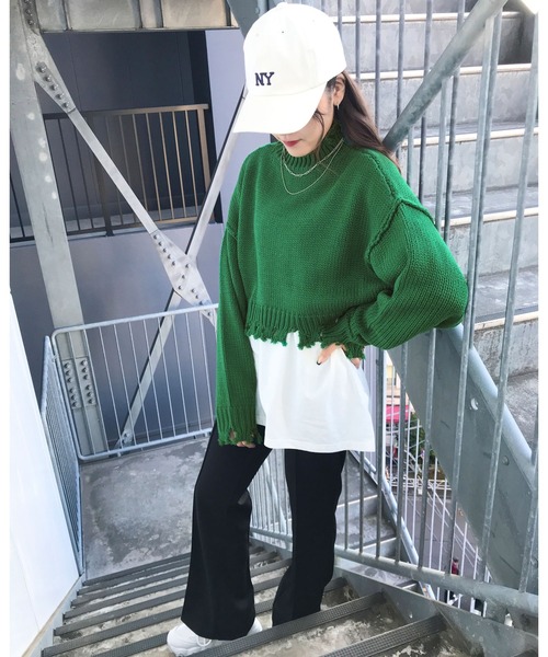 INGNI（イング）の「ショート丈ブロークンニット（ニット/セーター・レディース・ピンク/オレンジ/ブルー/グリーン/アイボリー・M）」の6枚目の写真