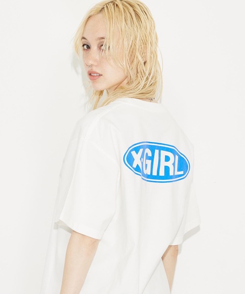 X-girl（エックスガール）の「BASIC OVAL LOGO S/S TEE/ベーシック　オーバルロゴTシャツ（Tシャツ/カットソー・レディース・ホワイト/ブラック/ブルー・S/M/L/XL）」の2枚目の写真