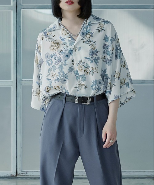 I412/Ellno Loset オープンカラーシャツ ドルマン 花柄 M 黒 Ellno Loset（エルノロゼット）の「フラワー柄オープンカラーシャツ