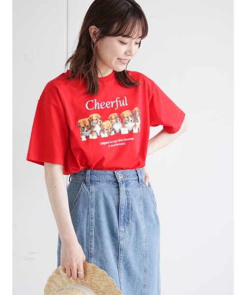 ehka sopo（エヘカソポ）の「ドッグプリントTシャツ（Tシャツ/カットソー・レディース・レッド/オフホワイト/ブルー/グリーン・ﾌﾘ-）」の9枚目の写真