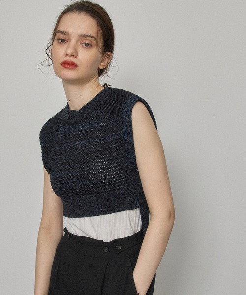 PUBLIC TOKYO(パブリックトウキョウ)の「ショートヘムメッシュニット/ウォッシャブル(ニット/セーター・レディース・ブラック/グリーン・FREE)」の2枚目の写真