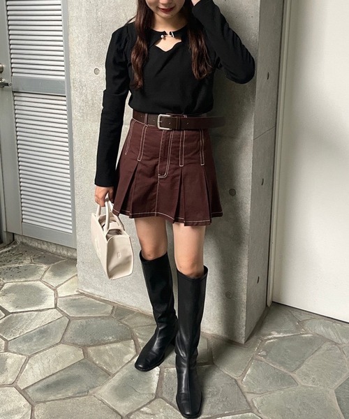 one after another NICE CLAUP（ワンアフターアナザーナイスクラップ）の「ベルト付きプリーツミニスカート（スカート・レディース・ブラック/ブラウン/ベージュ/ケミカルウォッシュ・FREE）」の16枚目の写真