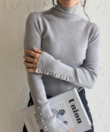 袖ボタンハイネックタイト長袖リブタートルニットプルオーバー